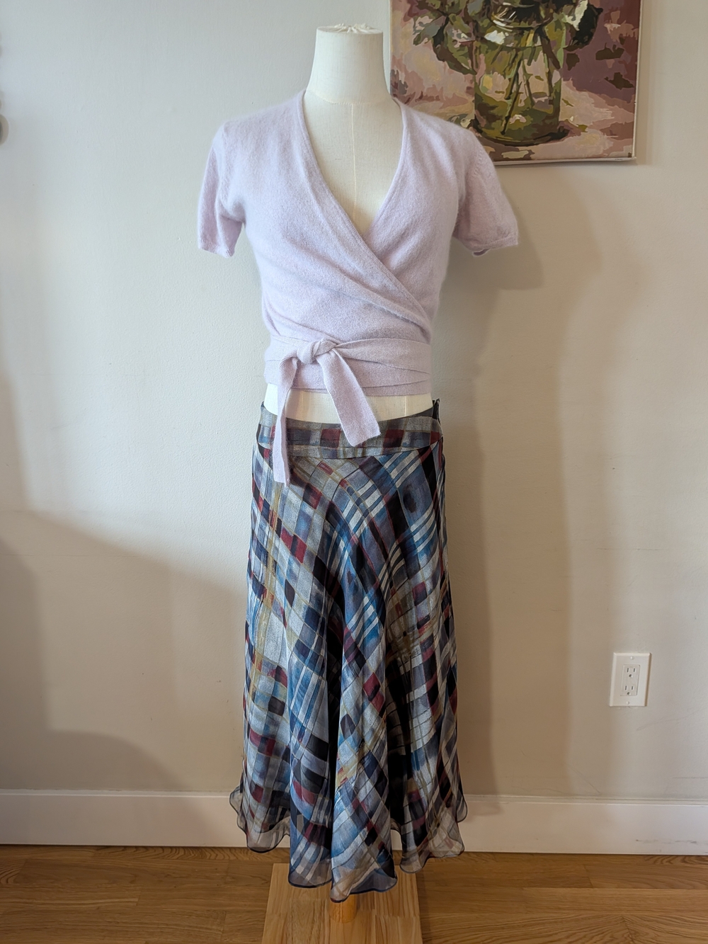 Jones New York Light Purple Wrap Top with Multi-Color Plaid Maxi Skirt